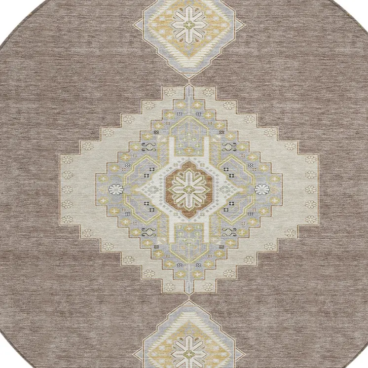 8' Taupe Gray And Ivory Round Oriental Washable Indoor Outdoor Area Rug