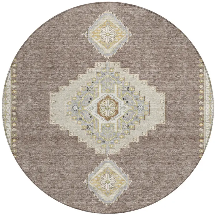 8' Taupe Gray And Ivory Round Oriental Washable Indoor Outdoor Area Rug