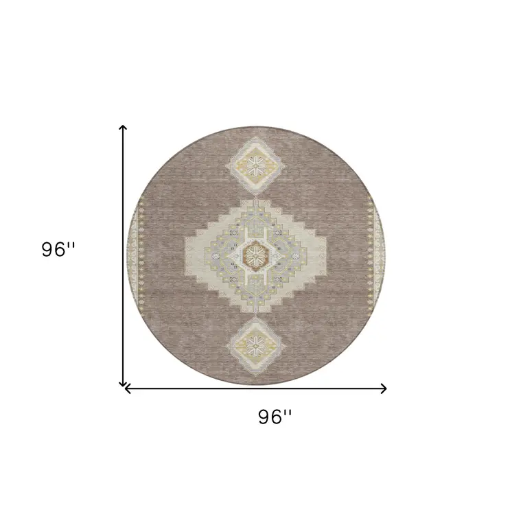 8' Taupe Gray And Ivory Round Oriental Washable Indoor Outdoor Area Rug