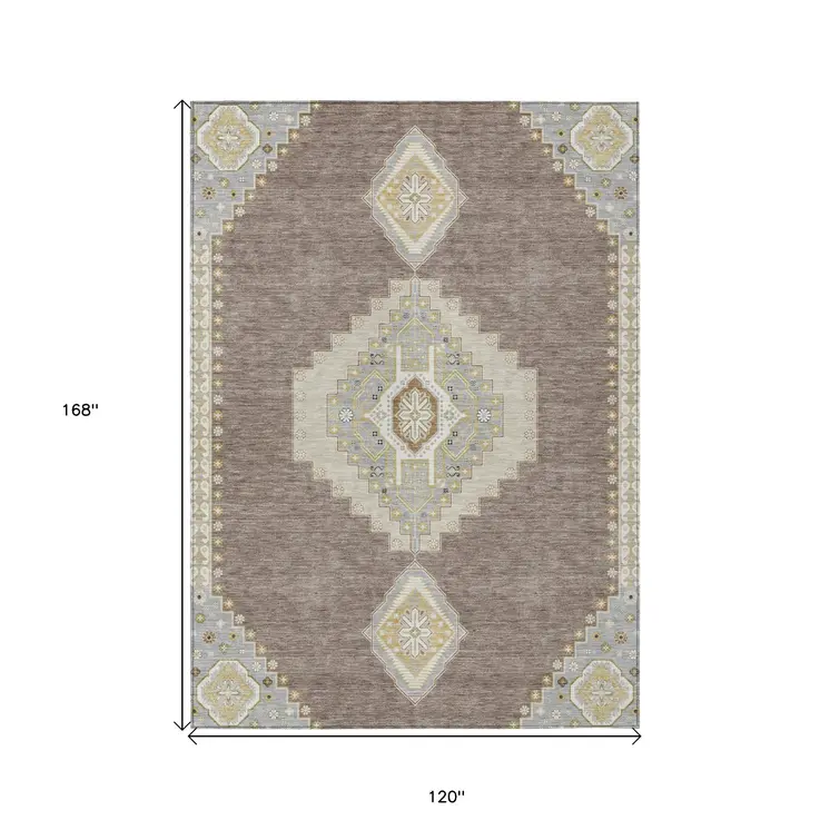 10' X 14' Taupe Gray And Ivory Oriental Washable Indoor Outdoor Area Rug