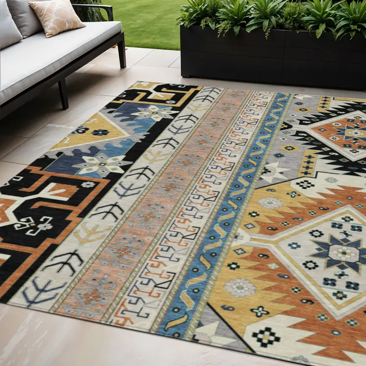 5' X 8' Black Ivory And Copper Aztec Washable Indoor Outdoor Area Rug