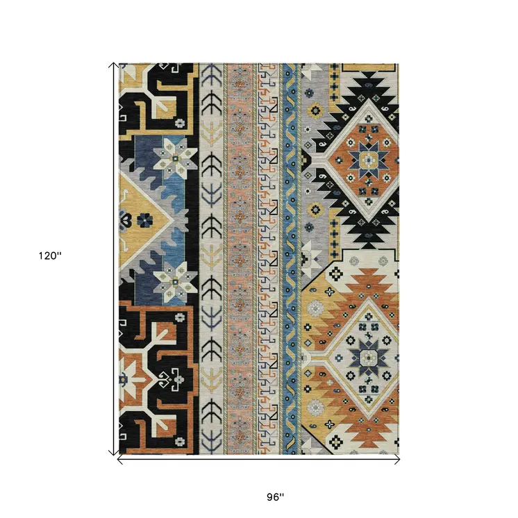 8' X 10' Black Ivory And Copper Aztec Washable Indoor Outdoor Area Rug