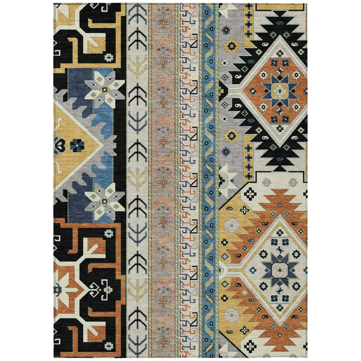 8' X 10' Black Ivory And Copper Aztec Washable Indoor Outdoor Area Rug