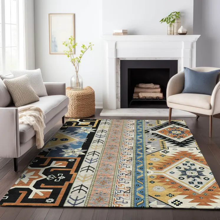 9' X 12' Black Ivory And Copper Aztec Washable Indoor Outdoor Area Rug