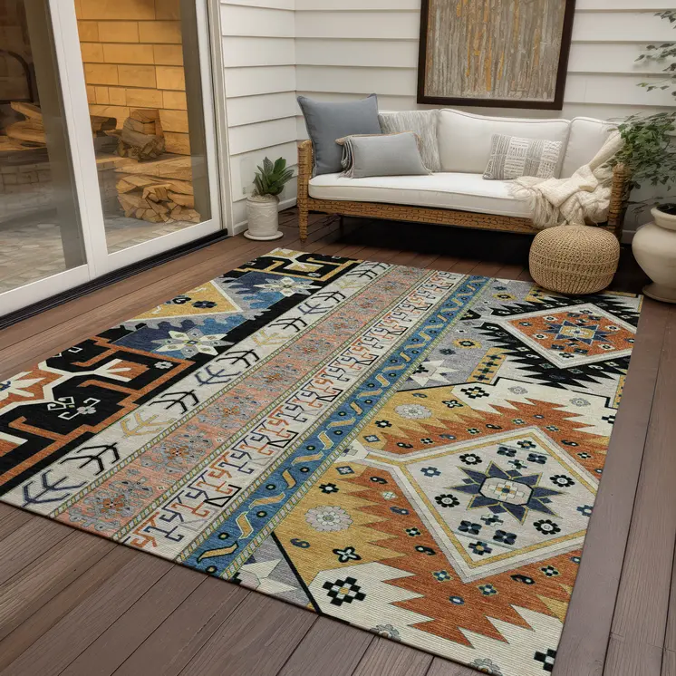 10' X 14' Black Ivory And Copper Aztec Washable Indoor Outdoor Area Rug