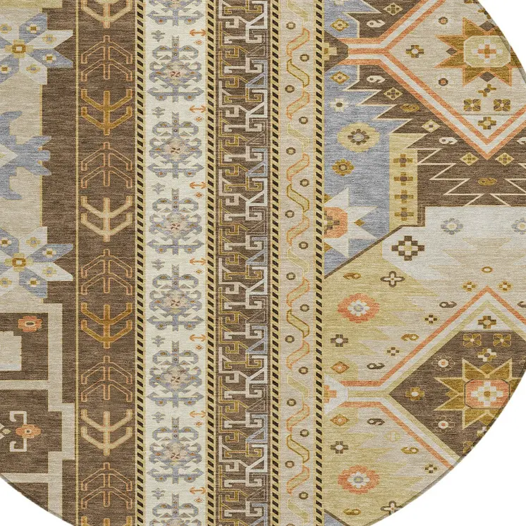 8' Brown Beige And Ivory Round Aztec Washable Indoor Outdoor Area Rug