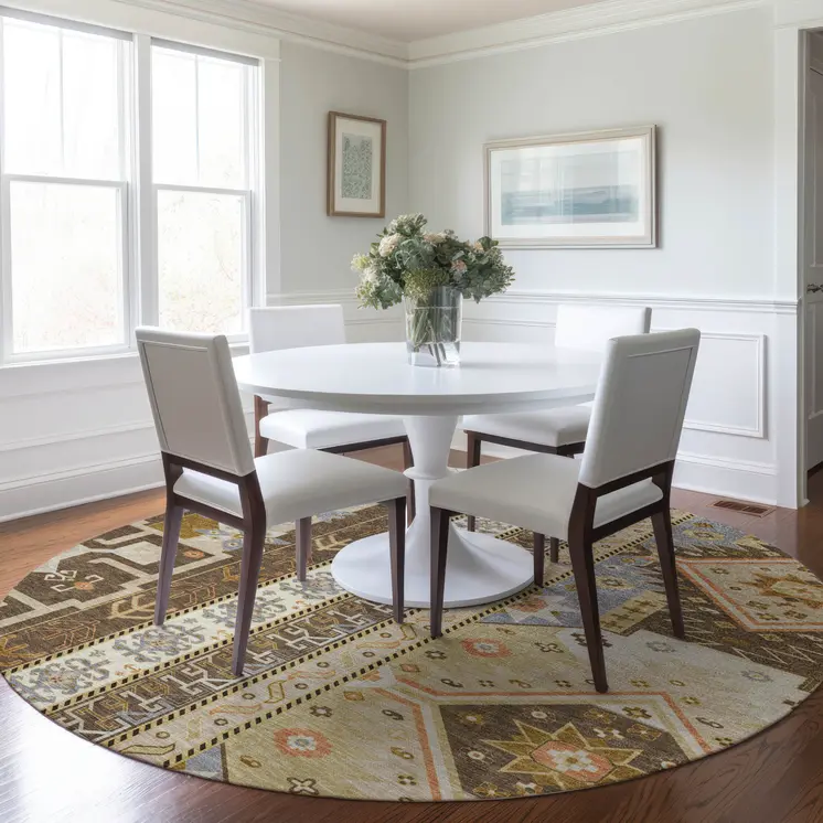 8' Brown Beige And Ivory Round Aztec Washable Indoor Outdoor Area Rug