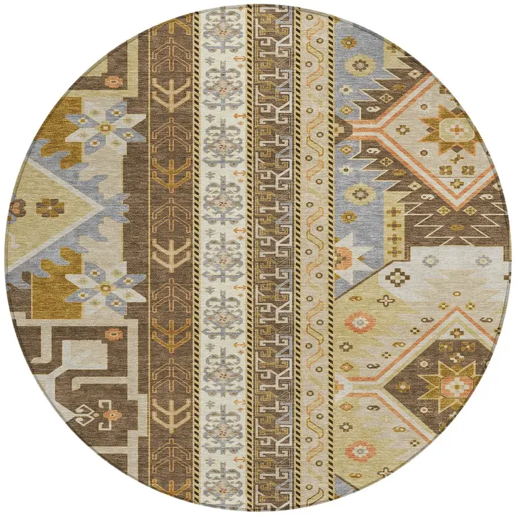 8' Brown Beige And Ivory Round Aztec Washable Indoor Outdoor Area Rug