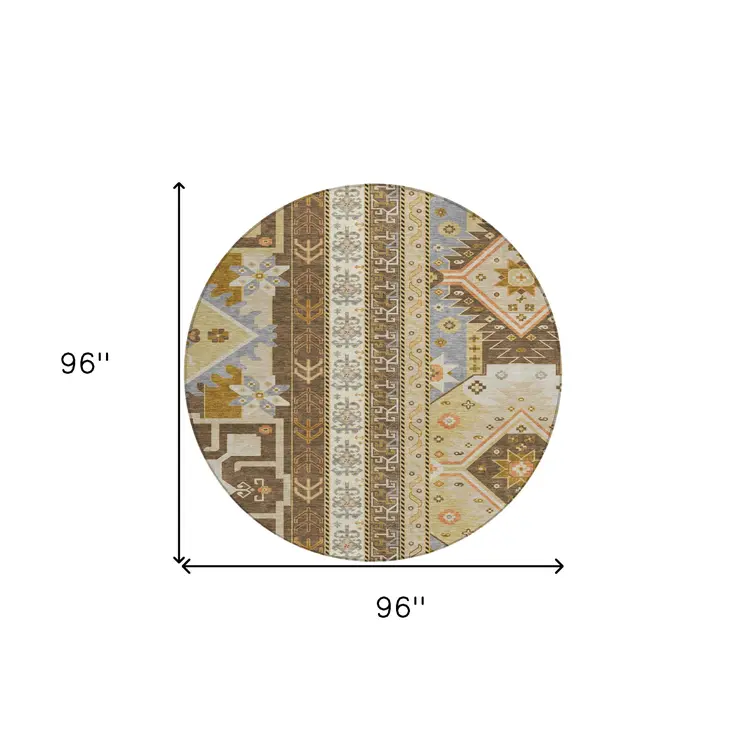 8' Brown Beige And Ivory Round Aztec Washable Indoor Outdoor Area Rug