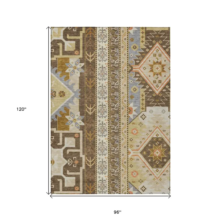 8' X 10' Brown Beige And Ivory Aztec Washable Indoor Outdoor Area Rug