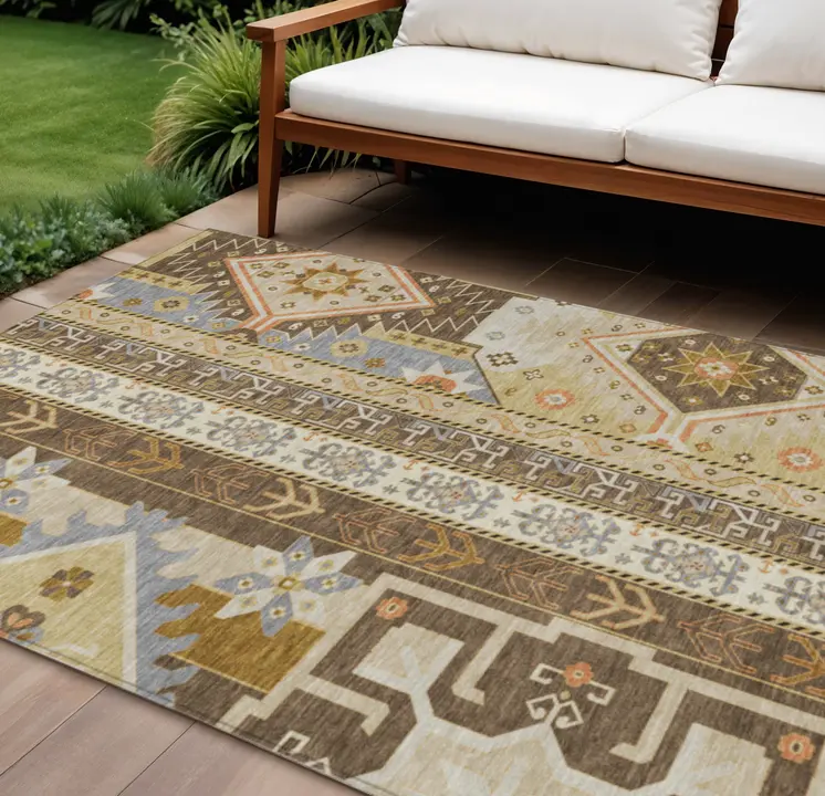 8' X 10' Brown Beige And Ivory Aztec Washable Indoor Outdoor Area Rug