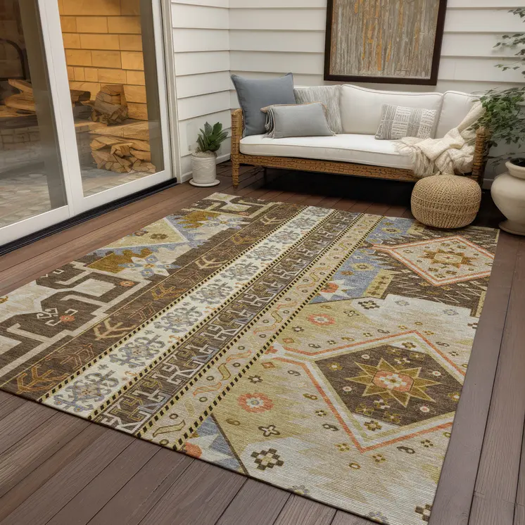 8' X 10' Brown Beige And Ivory Aztec Washable Indoor Outdoor Area Rug