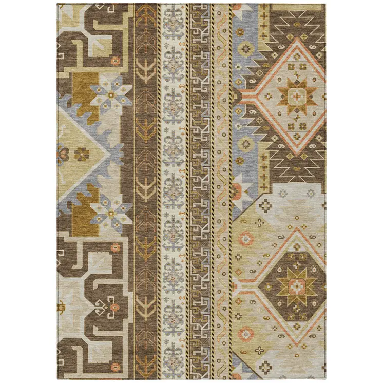 8' X 10' Brown Beige And Ivory Aztec Washable Indoor Outdoor Area Rug