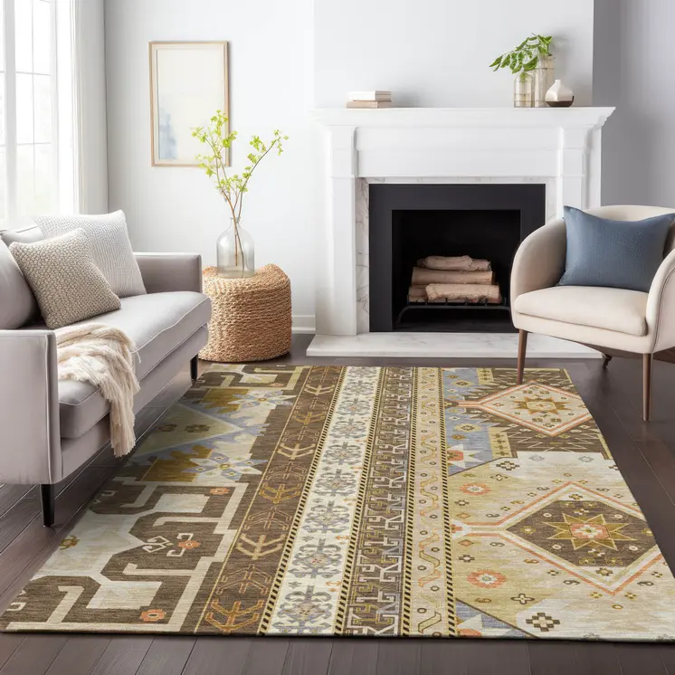 8' X 10' Brown Beige And Ivory Aztec Washable Indoor Outdoor Area Rug