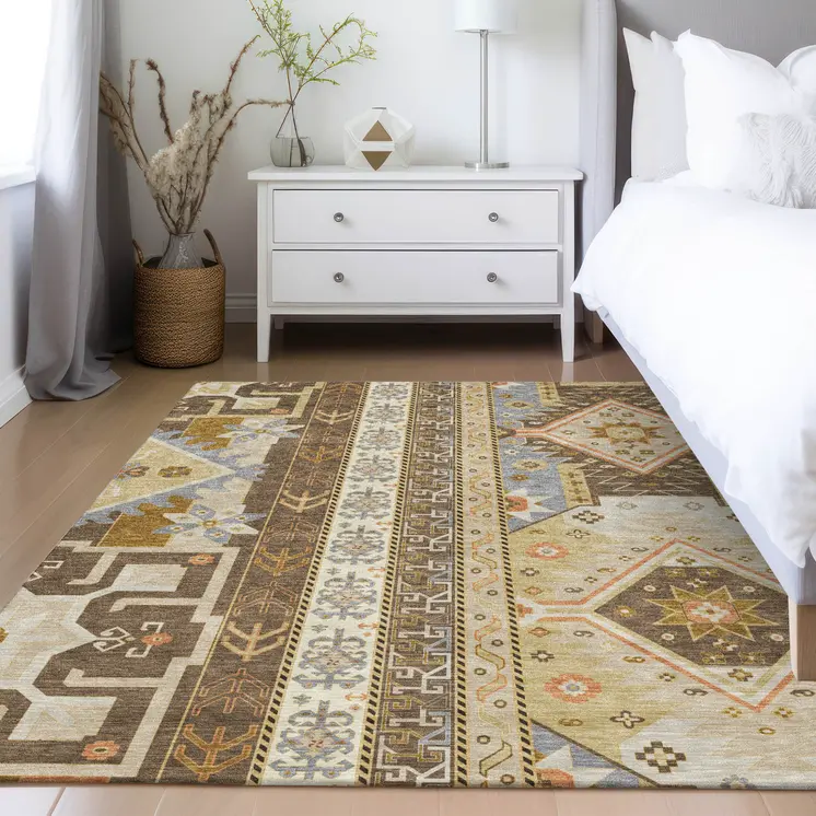 9' X 12' Brown Beige And Ivory Aztec Washable Indoor Outdoor Area Rug