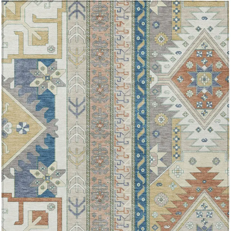 3' X 5' Ivory Blue And Brown Aztec Washable Indoor Outdoor Area Rug
