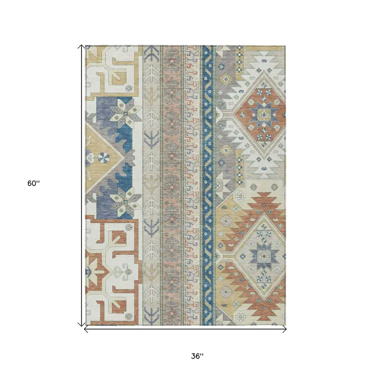 3' X 5' Ivory Blue And Brown Aztec Washable Indoor Outdoor Area Rug