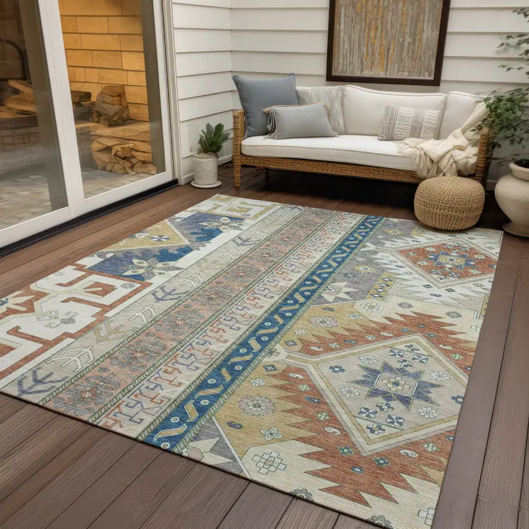 3' X 5' Ivory Blue And Brown Aztec Washable Indoor Outdoor Area Rug