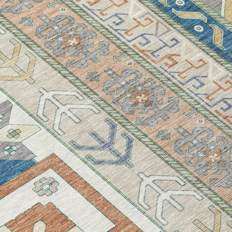 3' X 5' Ivory Blue And Brown Aztec Washable Indoor Outdoor Area Rug