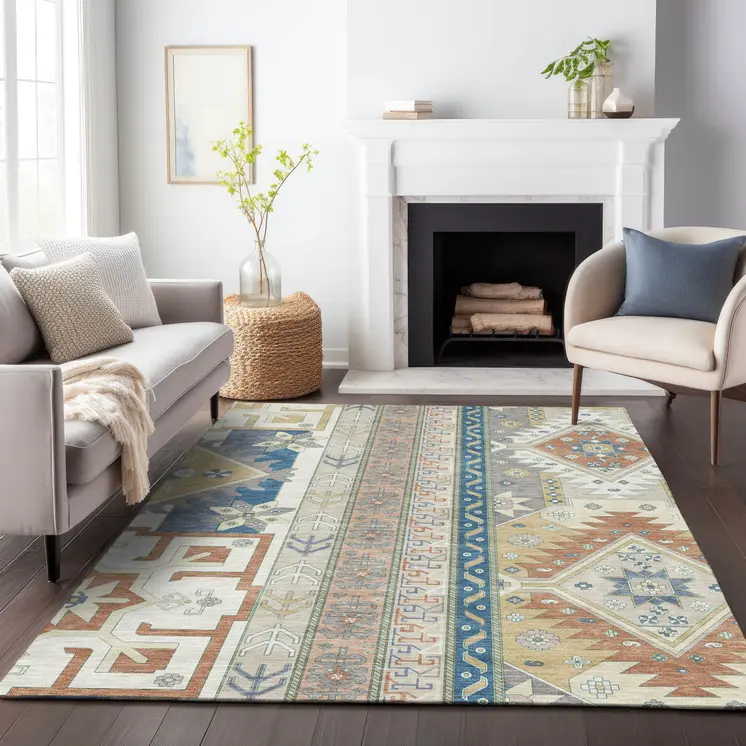 3' X 5' Ivory Blue And Brown Aztec Washable Indoor Outdoor Area Rug