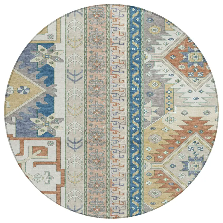 8' Ivory Blue And Brown Round Aztec Washable Indoor Outdoor Area Rug