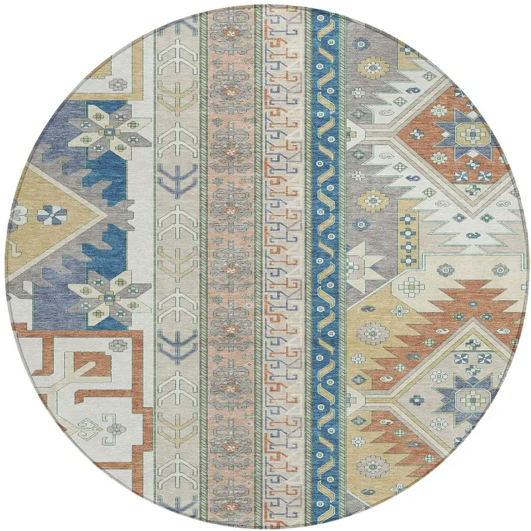 8' Ivory Blue And Brown Round Aztec Washable Indoor Outdoor Area Rug