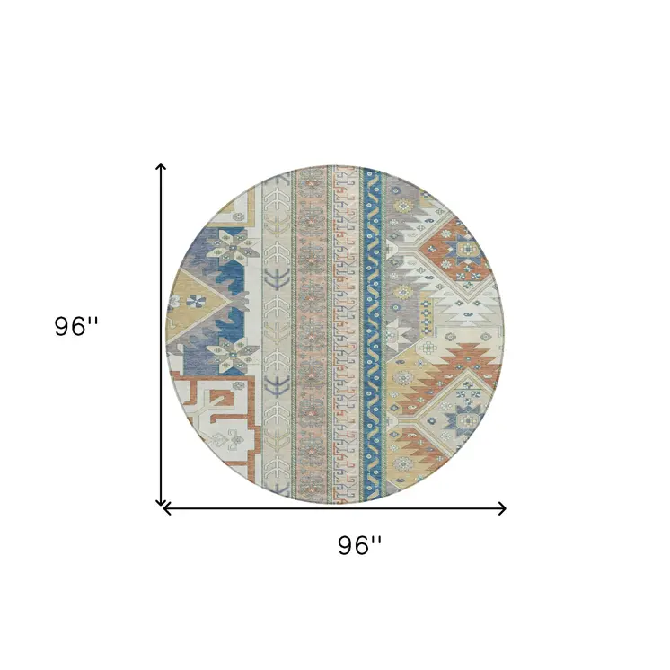 8' Ivory Blue And Brown Round Aztec Washable Indoor Outdoor Area Rug