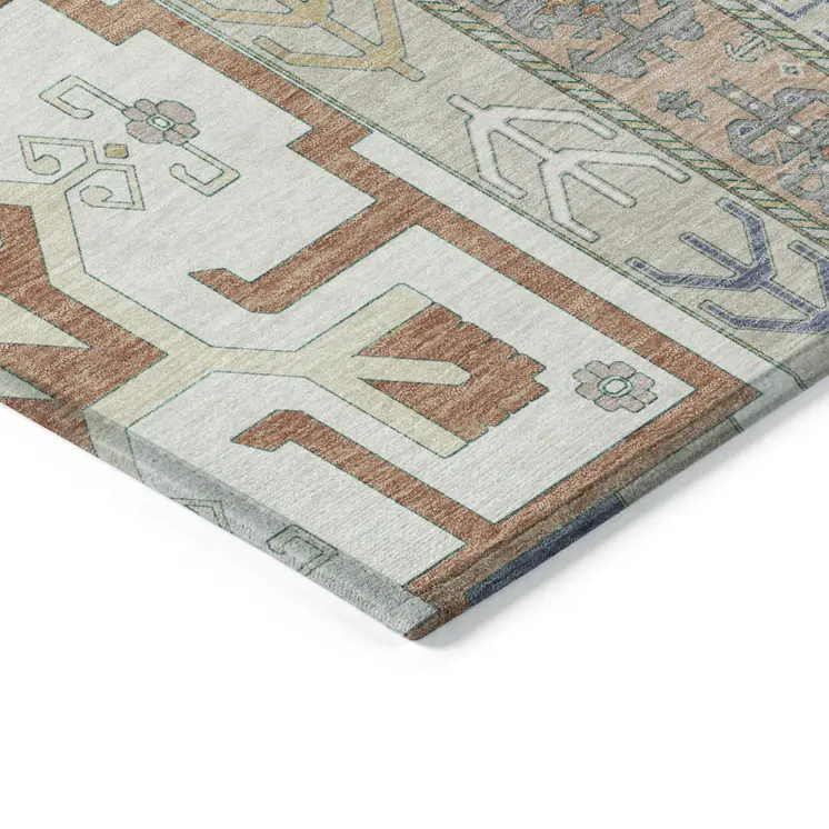 8' X 10' Ivory Blue And Brown Aztec Washable Indoor Outdoor Area Rug