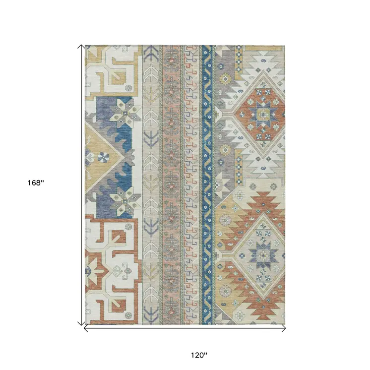 10' X 14' Ivory Blue And Brown Aztec Washable Indoor Outdoor Area Rug