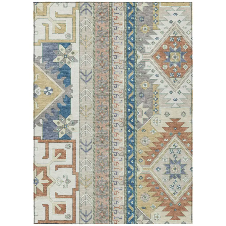 10' X 14' Ivory Blue And Brown Aztec Washable Indoor Outdoor Area Rug