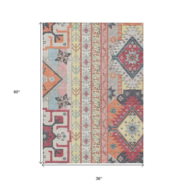 3' X 5' Linen Pink And Yellow Aztec Washable Indoor Outdoor Area Rug