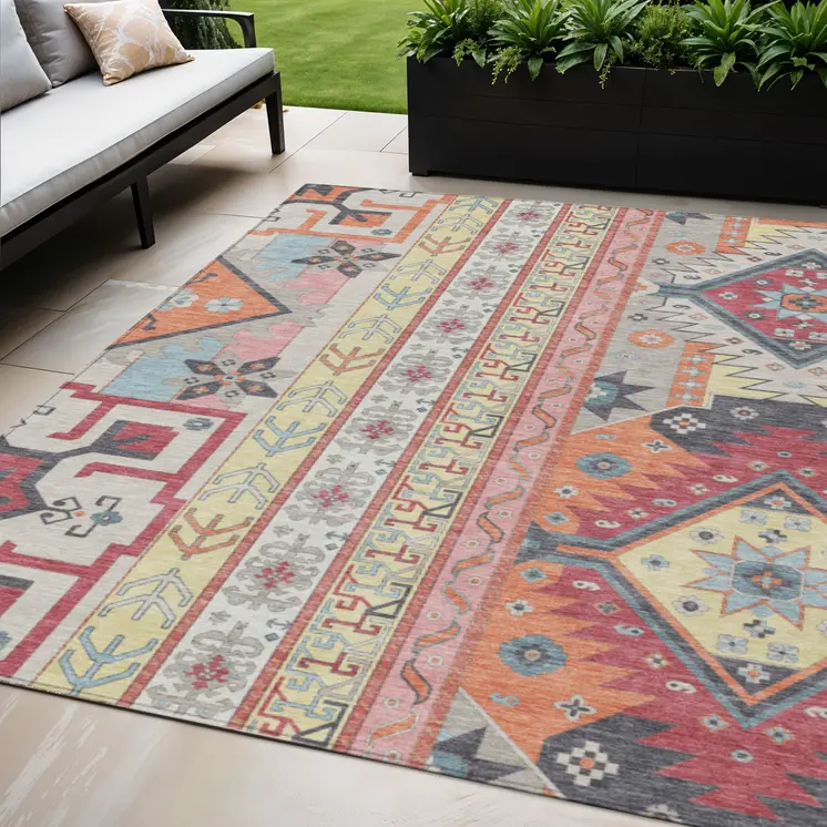 5' X 8' Linen Pink And Yellow Aztec Washable Indoor Outdoor Area Rug