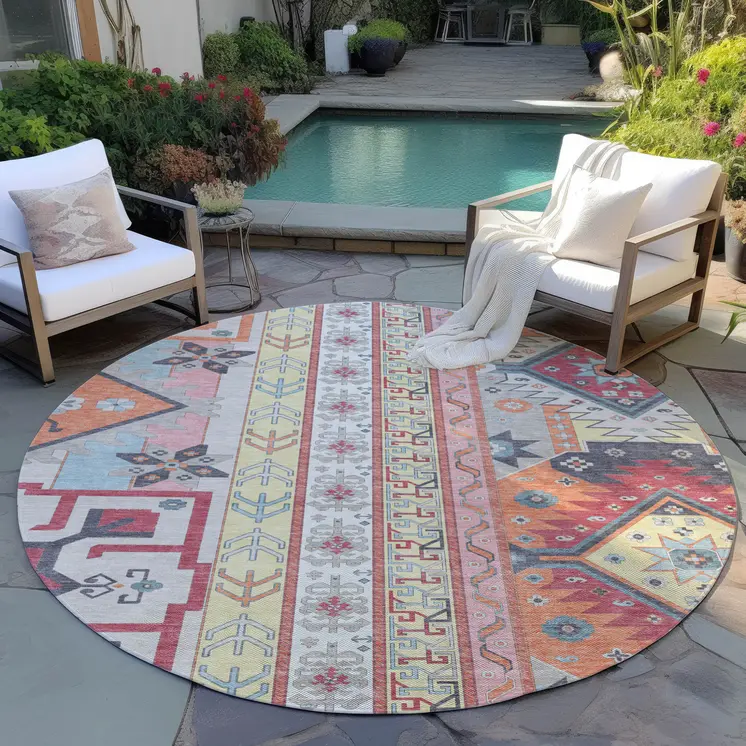 8' Linen Pink And Yellow Round Aztec Washable Indoor Outdoor Area Rug