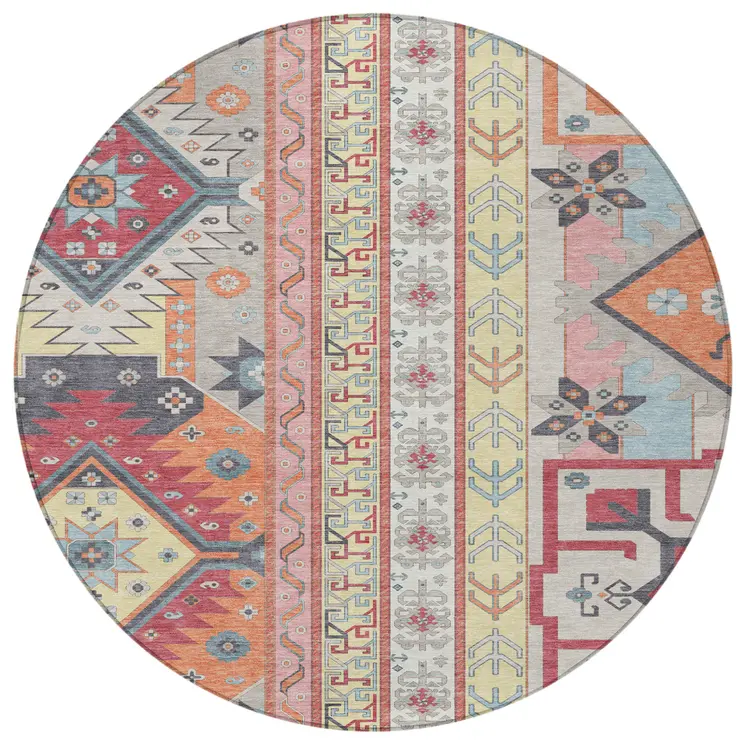 8' Linen Pink And Yellow Round Aztec Washable Indoor Outdoor Area Rug