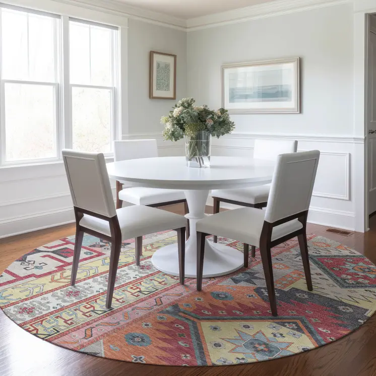 8' Linen Pink And Yellow Round Aztec Washable Indoor Outdoor Area Rug