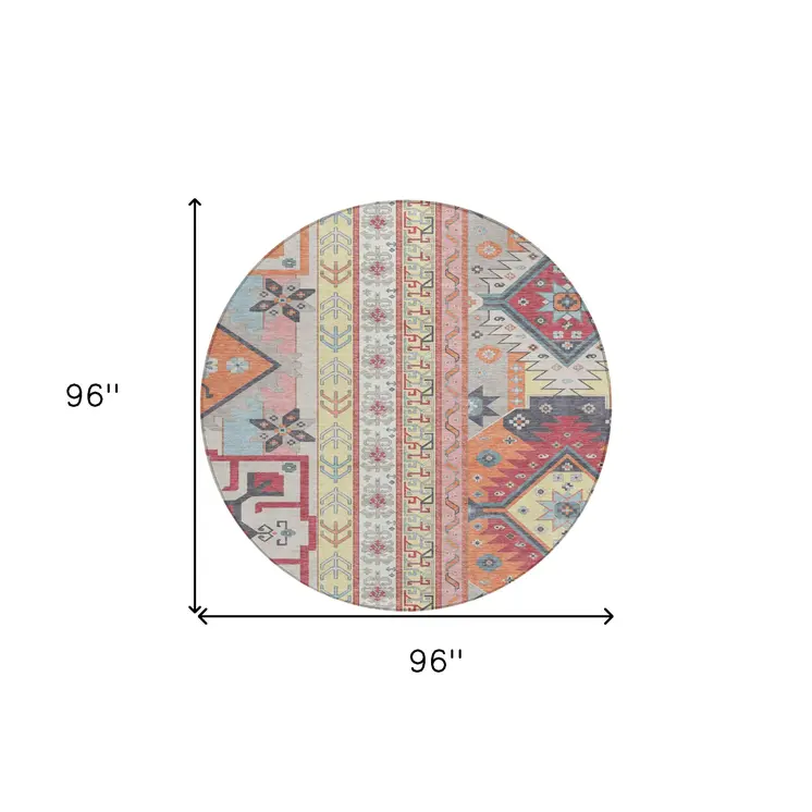 8' Linen Pink And Yellow Round Aztec Washable Indoor Outdoor Area Rug