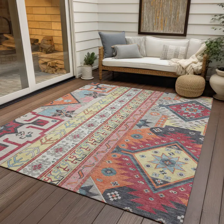 8' X 10' Linen Pink And Yellow Aztec Washable Indoor Outdoor Area Rug
