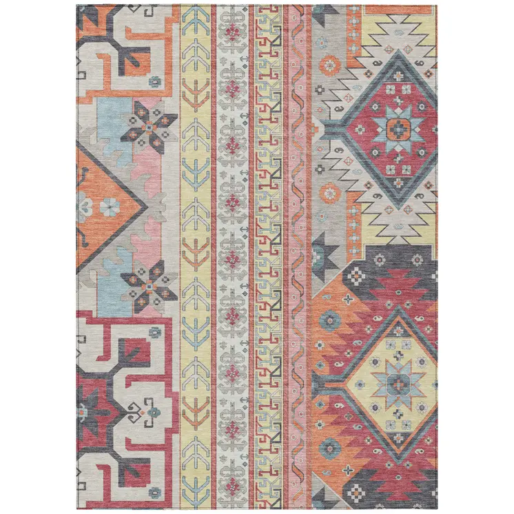 8' X 10' Linen Pink And Yellow Aztec Washable Indoor Outdoor Area Rug