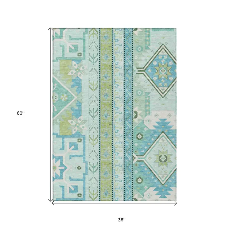 3' X 5' Mint Green Blue And Ivory Aztec Washable Indoor Outdoor Area Rug