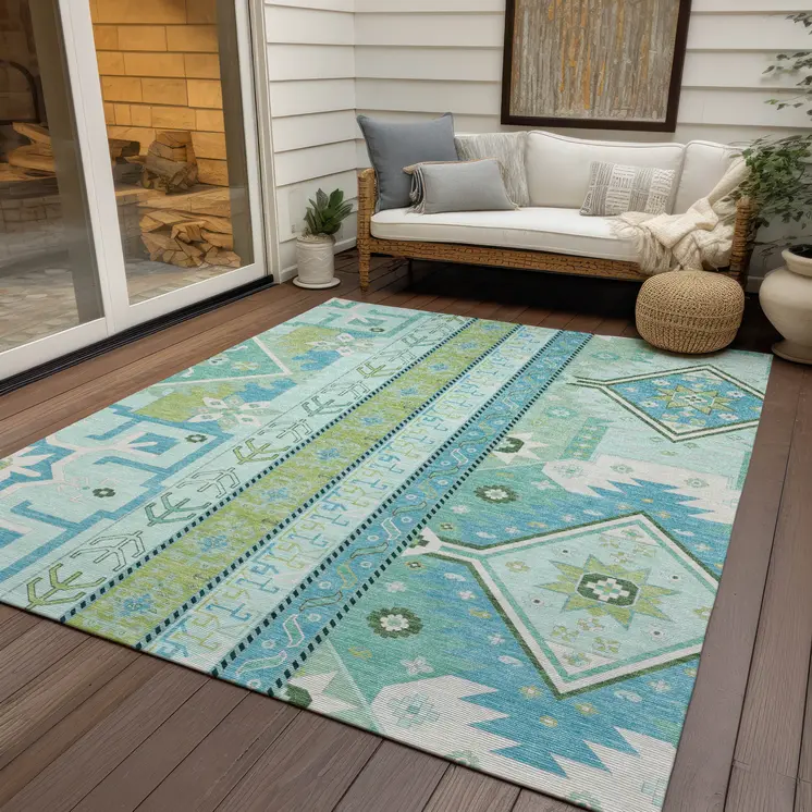 3' X 5' Mint Green Blue And Ivory Aztec Washable Indoor Outdoor Area Rug