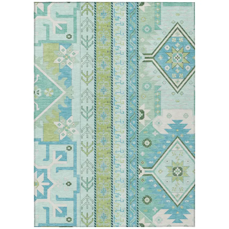 3' X 5' Mint Green Blue And Ivory Aztec Washable Indoor Outdoor Area Rug