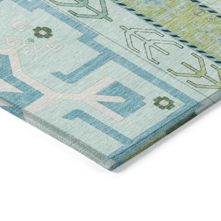 5' X 8' Mint Green Blue And Ivory Aztec Washable Indoor Outdoor Area Rug