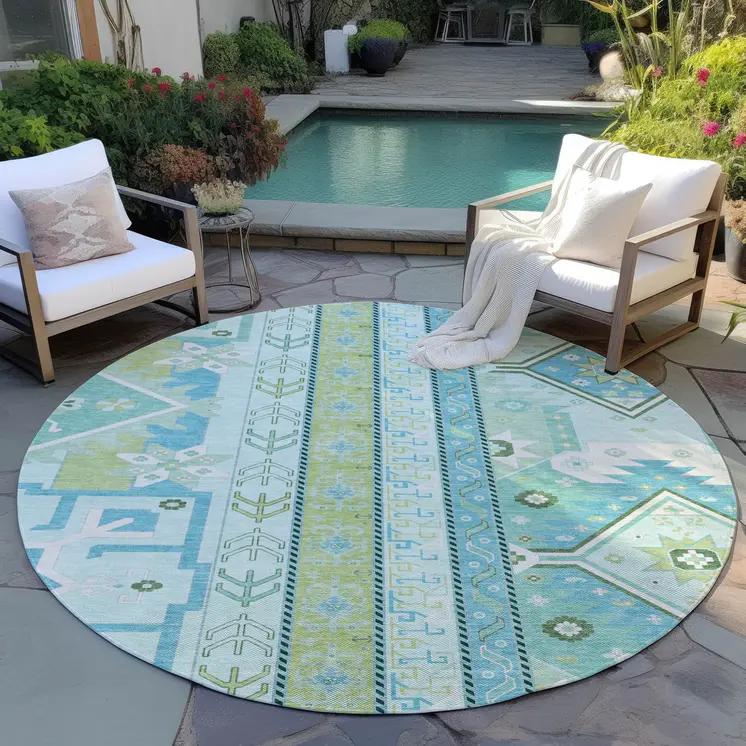 8' Mint Green Blue And Ivory Round Aztec Washable Indoor Outdoor Area Rug