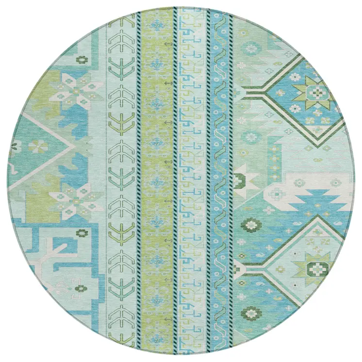8' Mint Green Blue And Ivory Round Aztec Washable Indoor Outdoor Area Rug