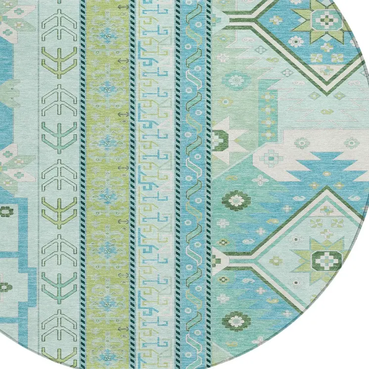 8' Mint Green Blue And Ivory Round Aztec Washable Indoor Outdoor Area Rug