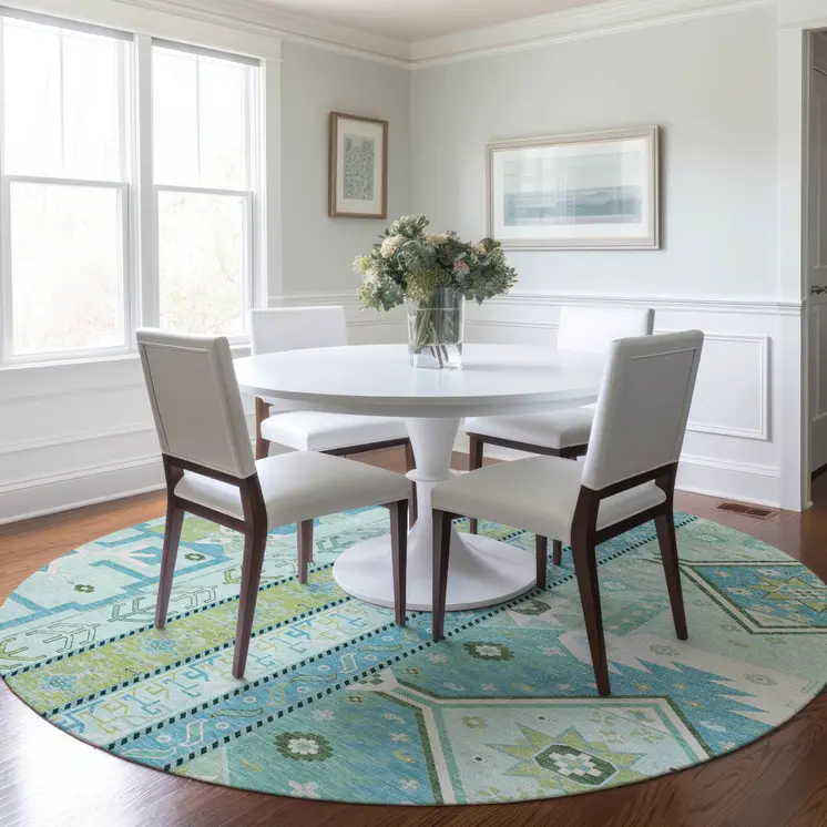 8' Mint Green Blue And Ivory Round Aztec Washable Indoor Outdoor Area Rug