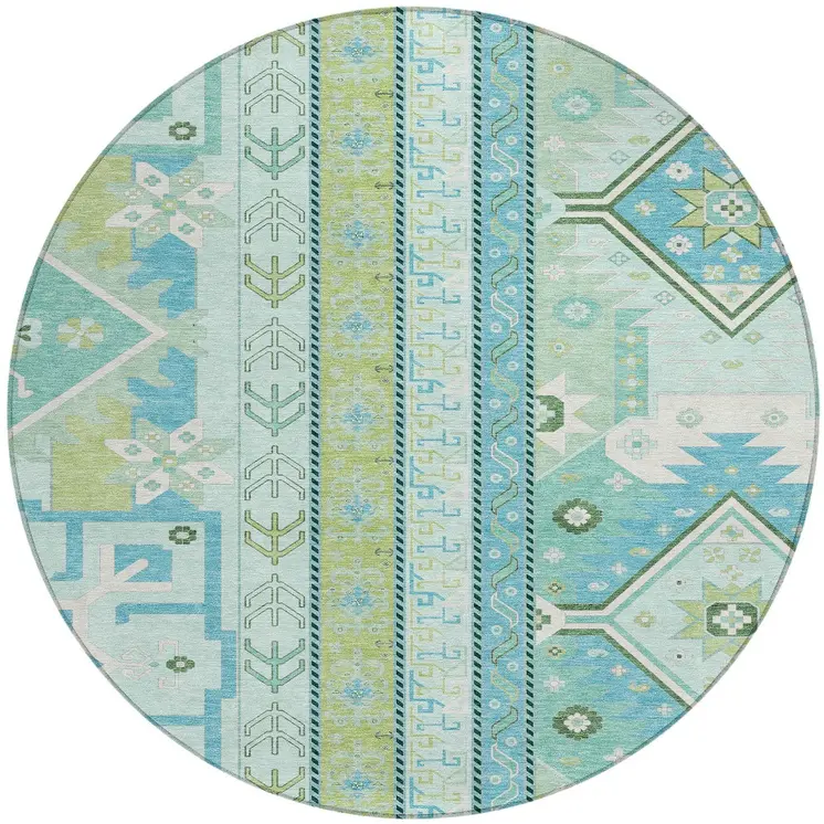 8' Mint Green Blue And Ivory Round Aztec Washable Indoor Outdoor Area Rug