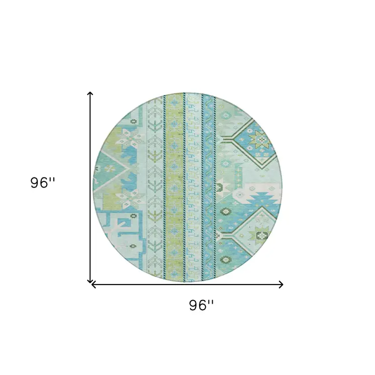 8' Mint Green Blue And Ivory Round Aztec Washable Indoor Outdoor Area Rug