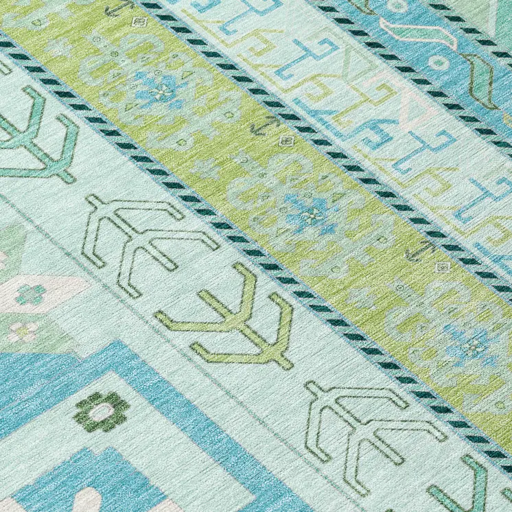 8' X 10' Mint Green Blue And Ivory Aztec Washable Indoor Outdoor Area Rug