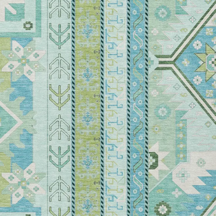 9' X 12' Mint Green Blue And Ivory Aztec Washable Indoor Outdoor Area Rug